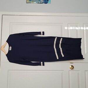 Touché Navy Blue Asymetrical Rib Cuffed & Cream Striped Sweater Dress